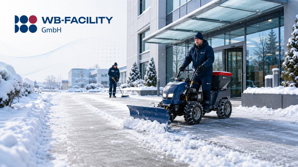 Mitarbeiter der WB‑FACILITY GmbH räumen Schnee und sichern den Zugang zu einer modernen Gewerbeimmobilie.