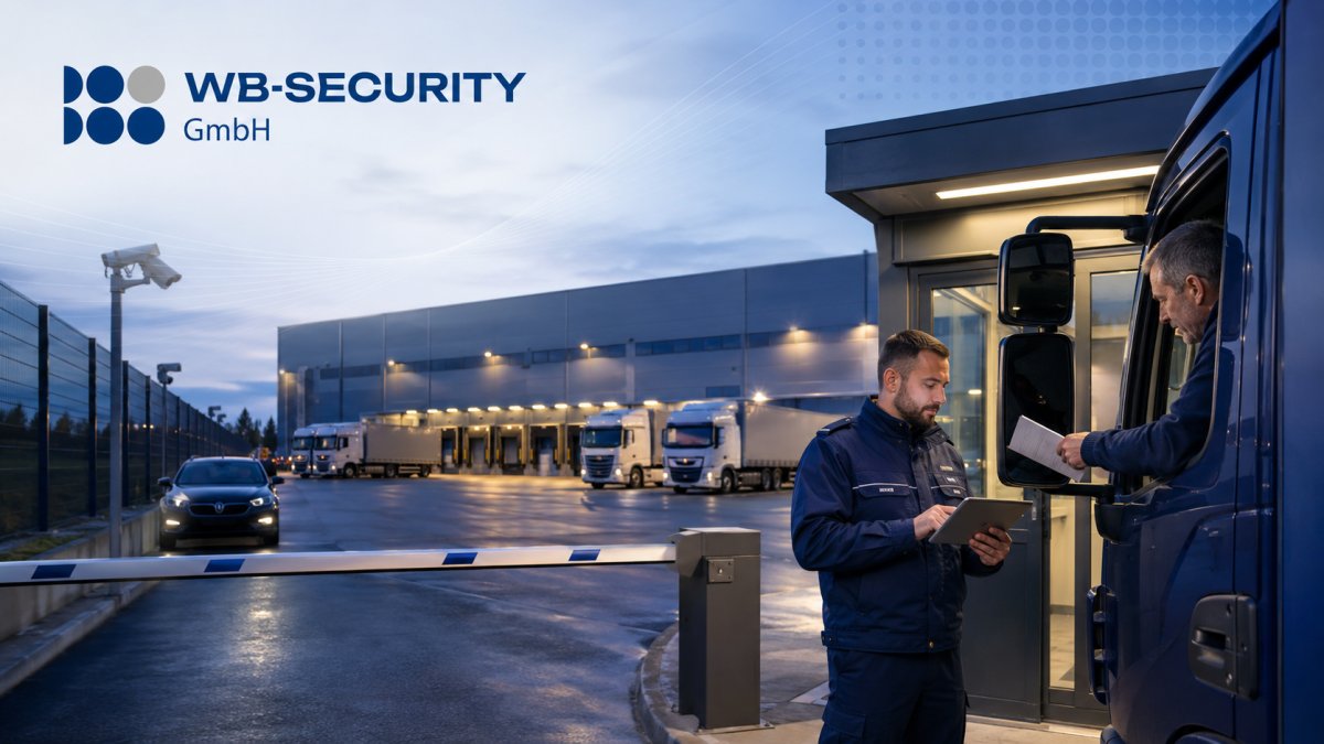 Mitarbeiter der WB‑SECURITY GmbH kontrolliert die Lkw-Zufahrt eines modernen Logistikzentrums.