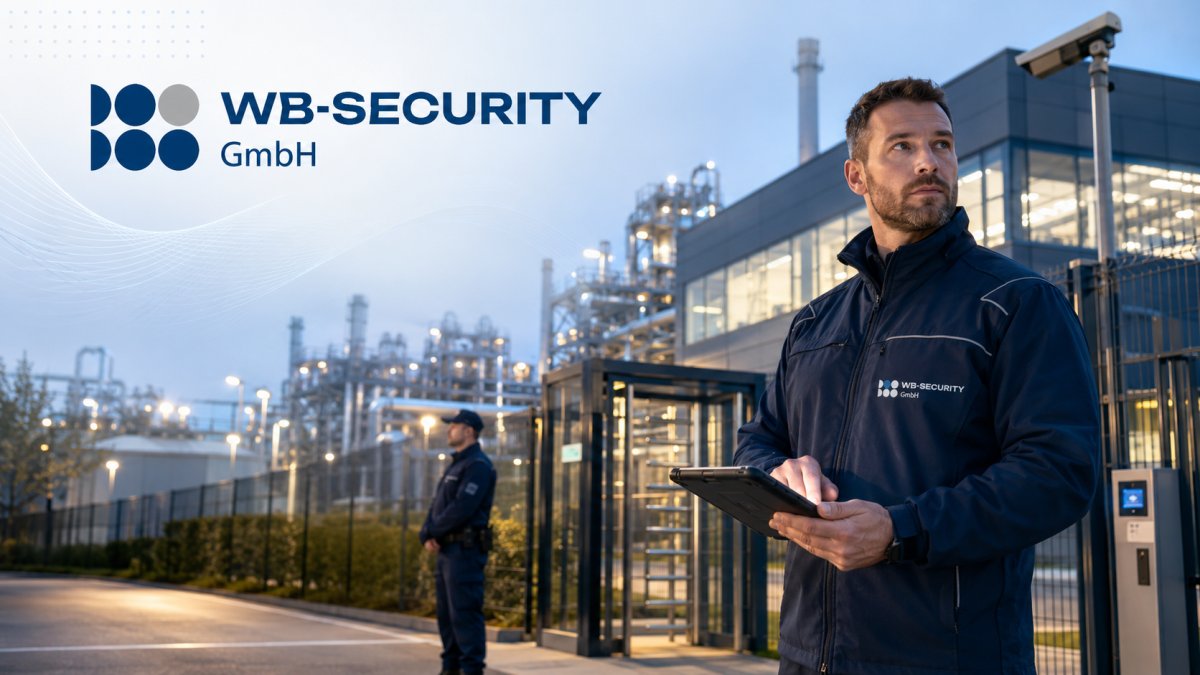 Mitarbeiter der WB‑SECURITY GmbH kontrollieren den gesicherten Zugang zu einem modernen Industriegelände.