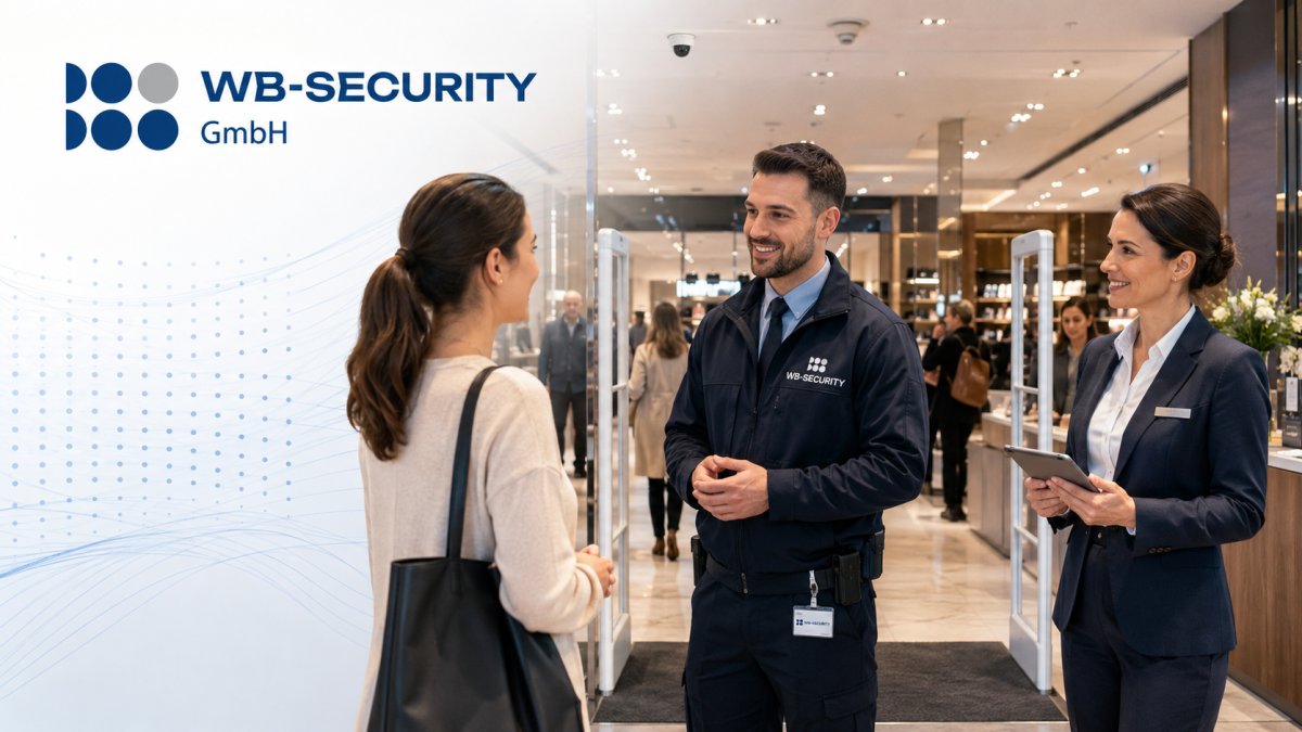 Mitarbeiter der WB‑SECURITY GmbH betreut den Eingangsbereich eines modernen Einzelhandelsgeschäfts.