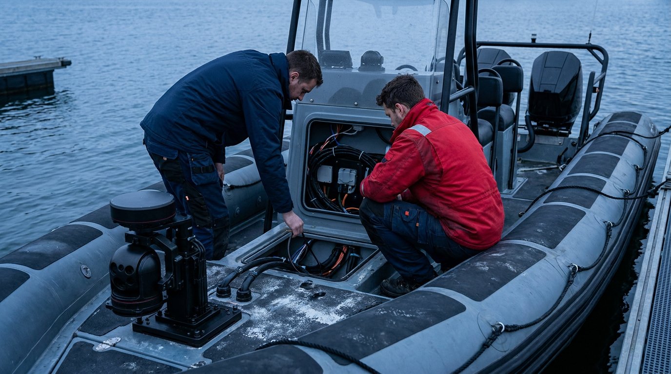 Technician checks integrated mission-system cabling on a military RHIB at a pier.