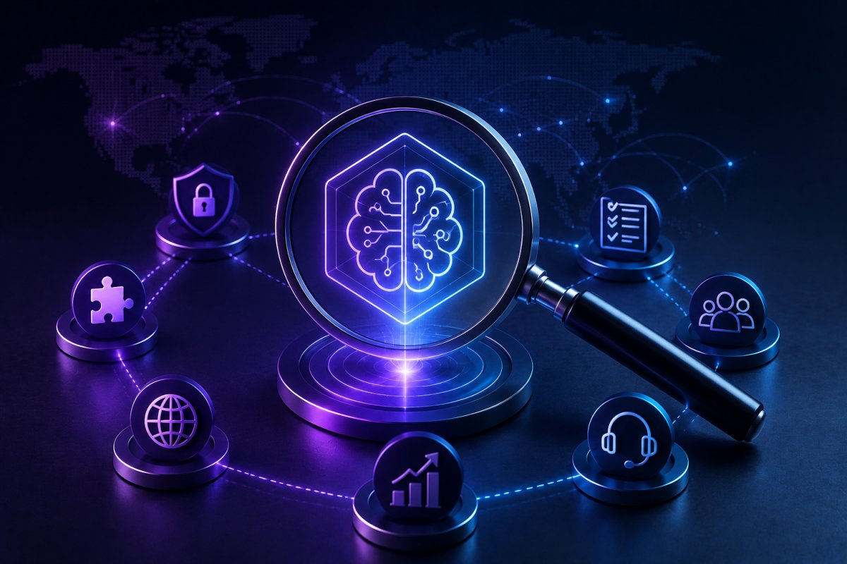 AI partner evaluation for CCaaS highlighting intelligence, security, integration, scalability and enterprise customer experience capabilities.