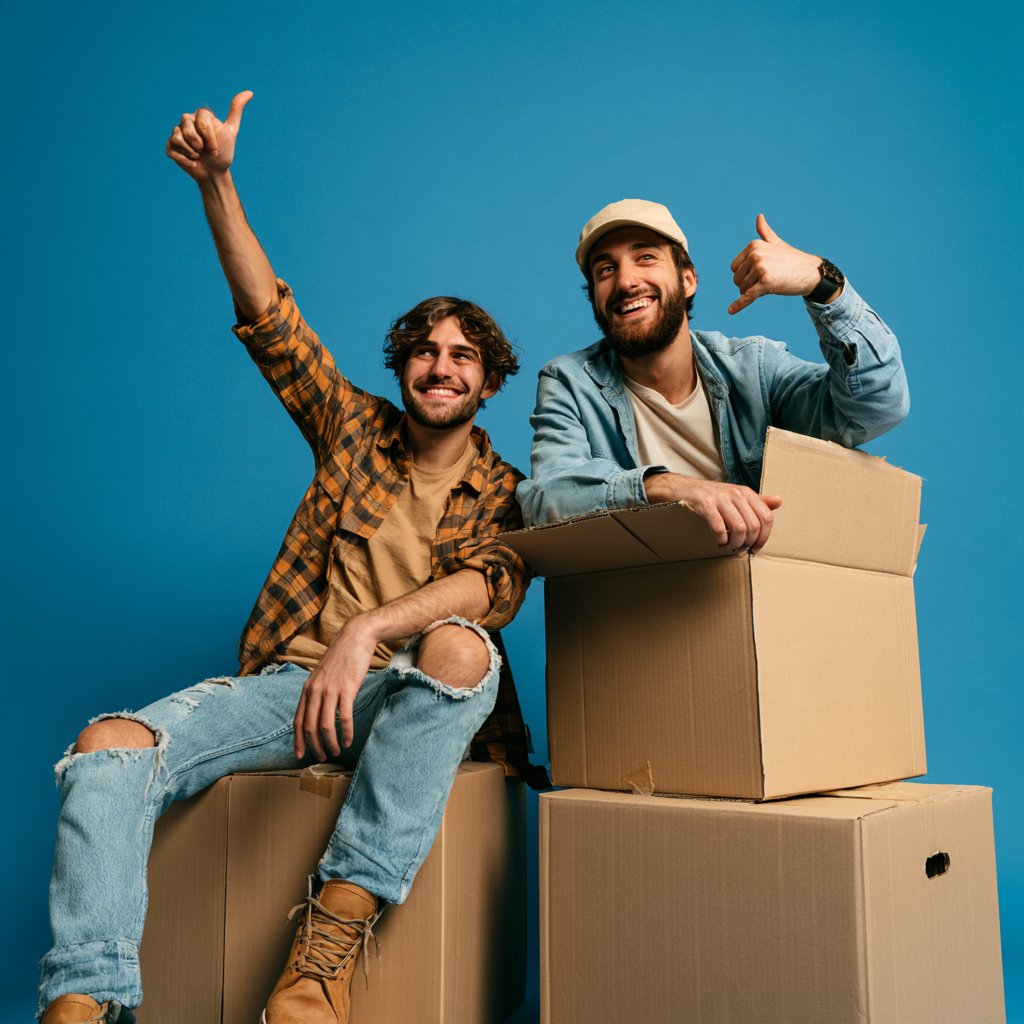 Two smiling men posing with cardboard moving boxes against a blue background, one giving a thumbs-up.