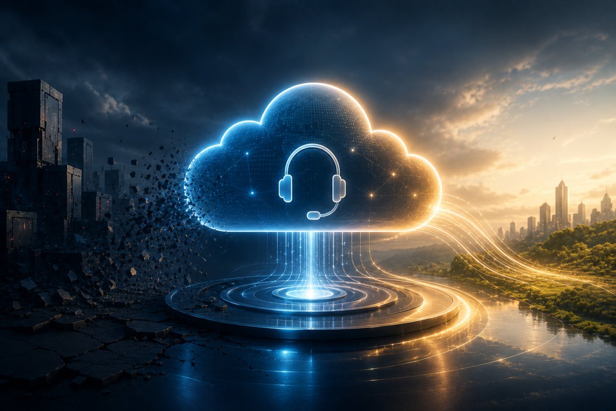 Abstract illustration of a cloud-based AI call center connecting customers, AI agents, and enterprise systems through a unified intelligent customer experience platform.