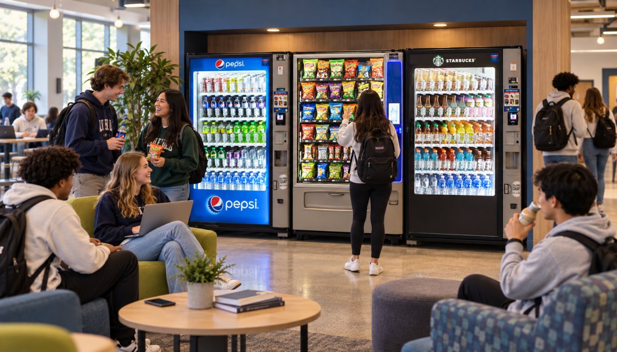 College students with backpacks gathering around snack and drink vending machines in a campus lounge area