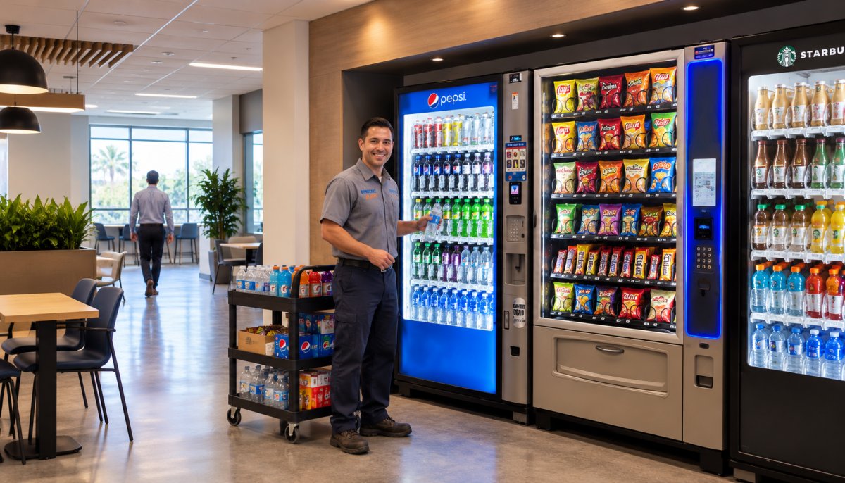 Commercial vending services setup with snack and drink vending machines in a modern office break room with an employee walking in the background.