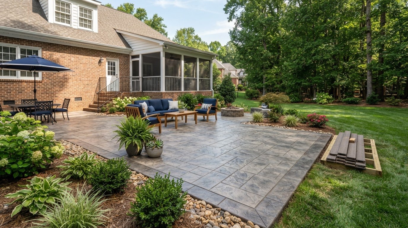 Composite Deck Replacement With a Stamped Concrete Patio in Midlothian, VA