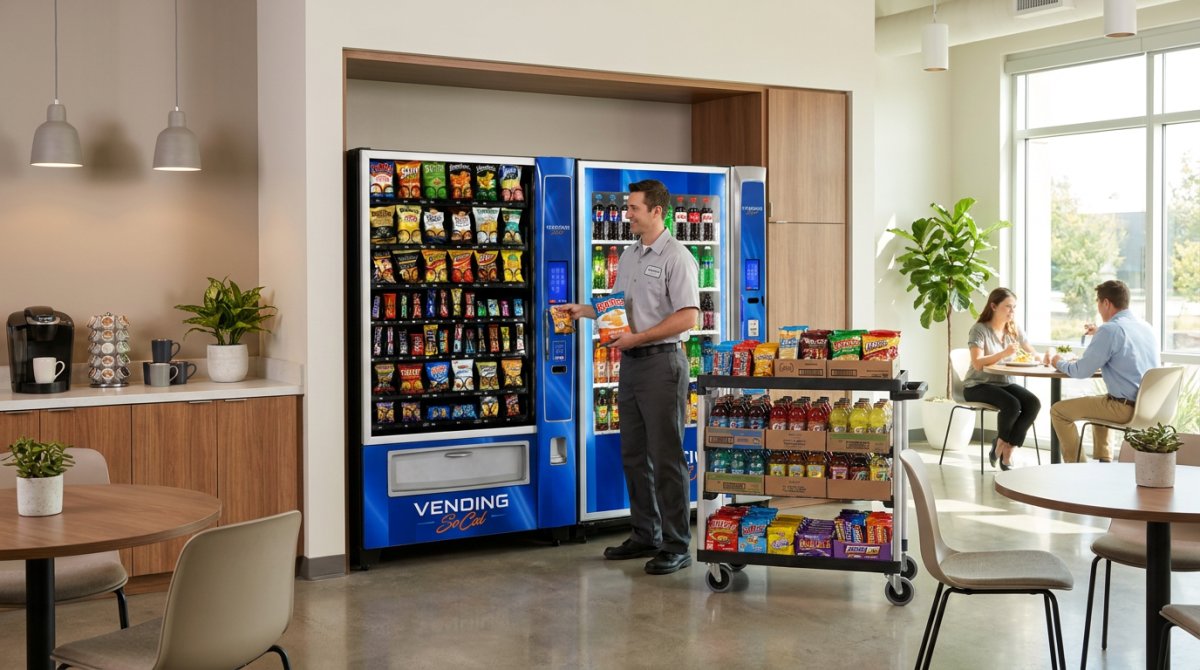 Vending service technician restocking snack and beverage machines in a modern office breakroom, showcasing corporate vending solutions in Orange County