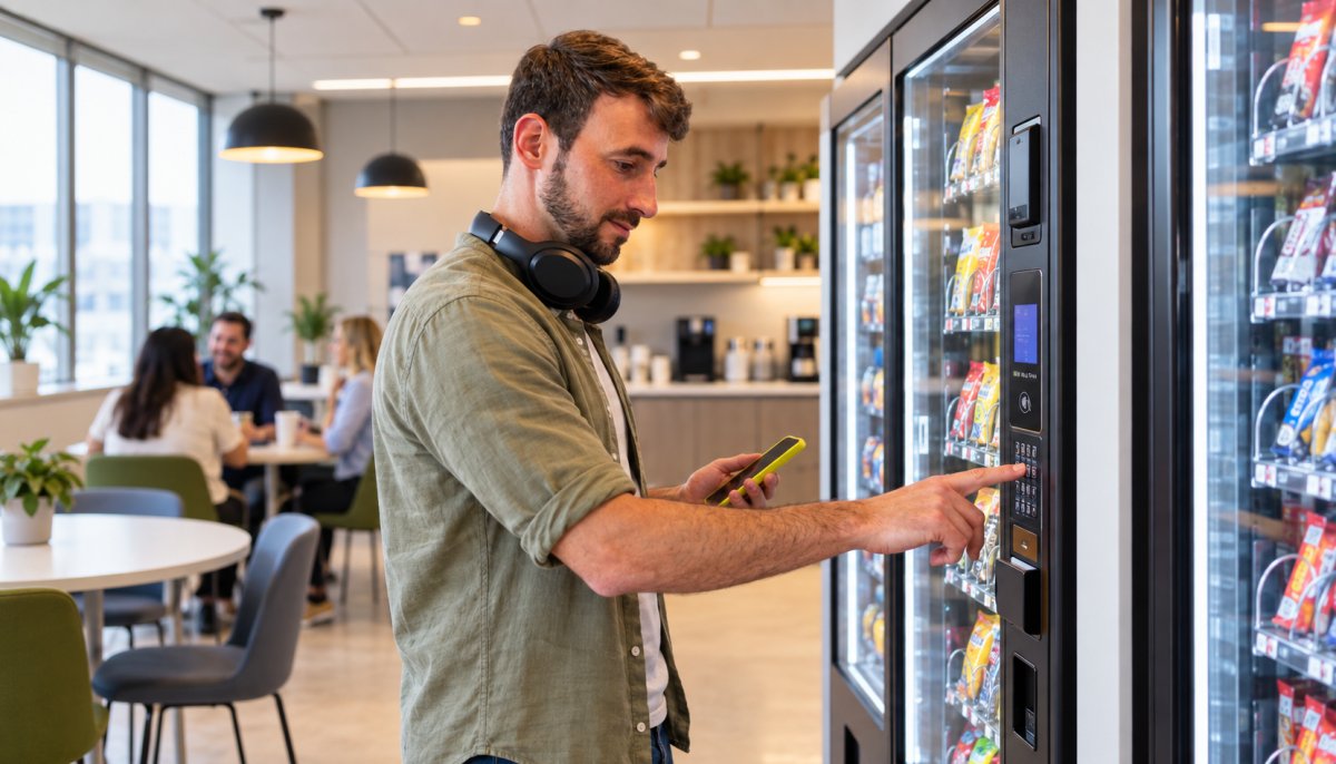 Employee using a vending machine in a modern office break room with corporate vending solutions in Orange County.