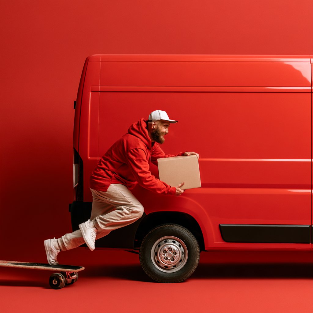 Man in a red hoodie carrying a cardboard box beside a red delivery van, with a skateboard beneath his foot.