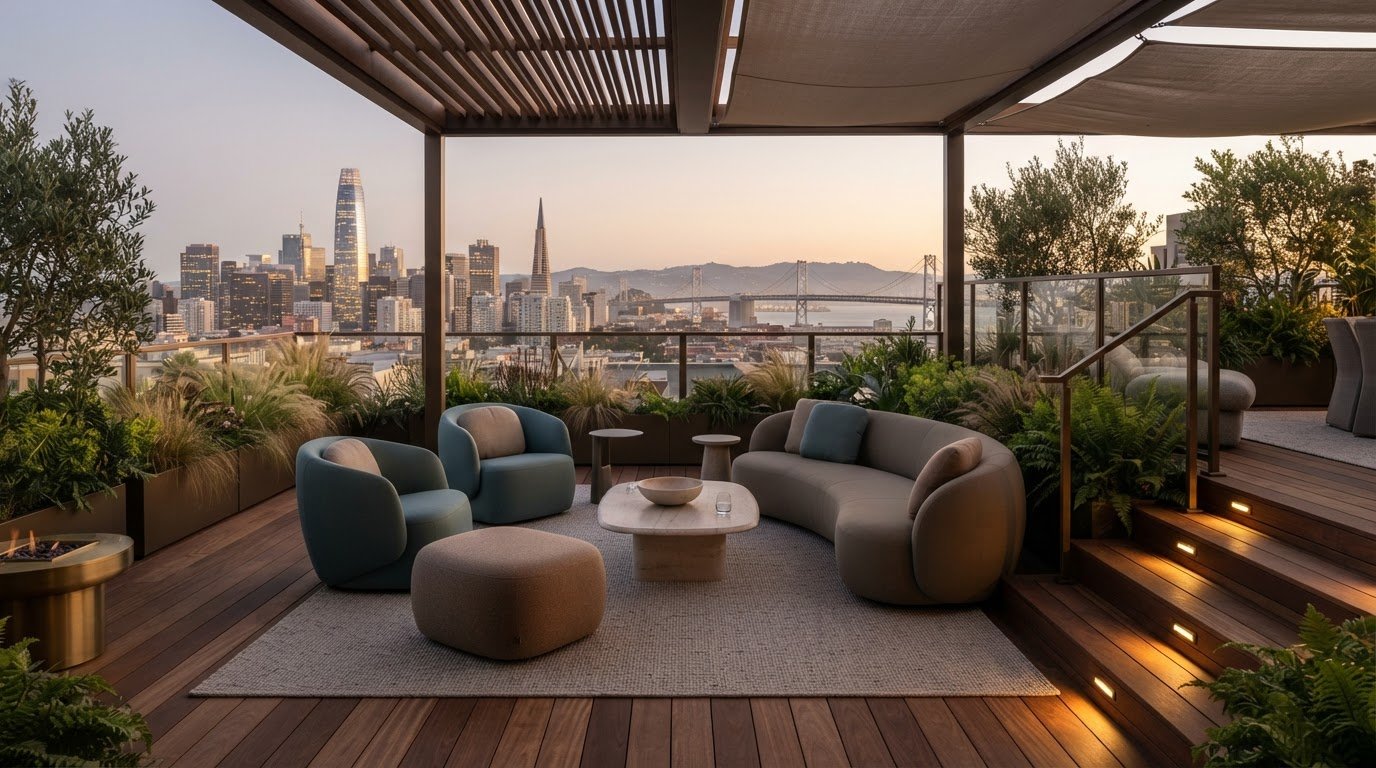 Design choices for comfort, light, and shade on a San Francisco rooftop terrace