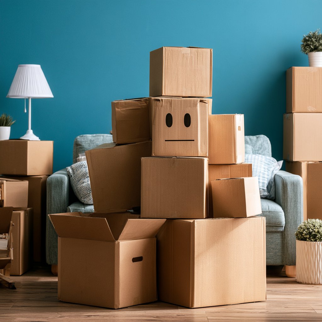 Cardboard moving boxes stacked in front of a sofa, with a face drawn on the central box.
