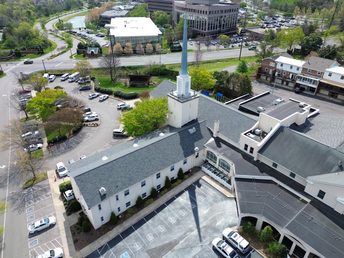 Overhead view of commercial church roof