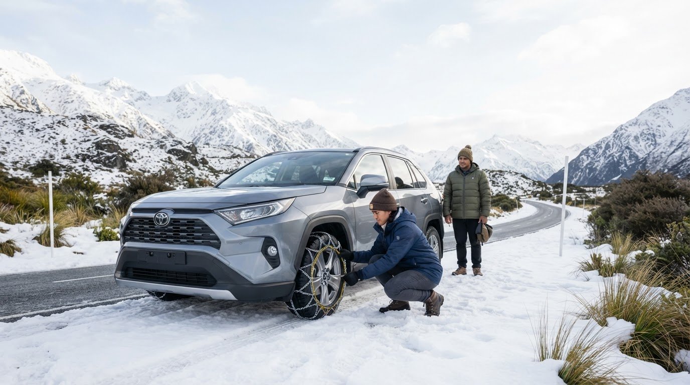 Driving a Rental Car with Snow Chains for the First Time in New Zealand