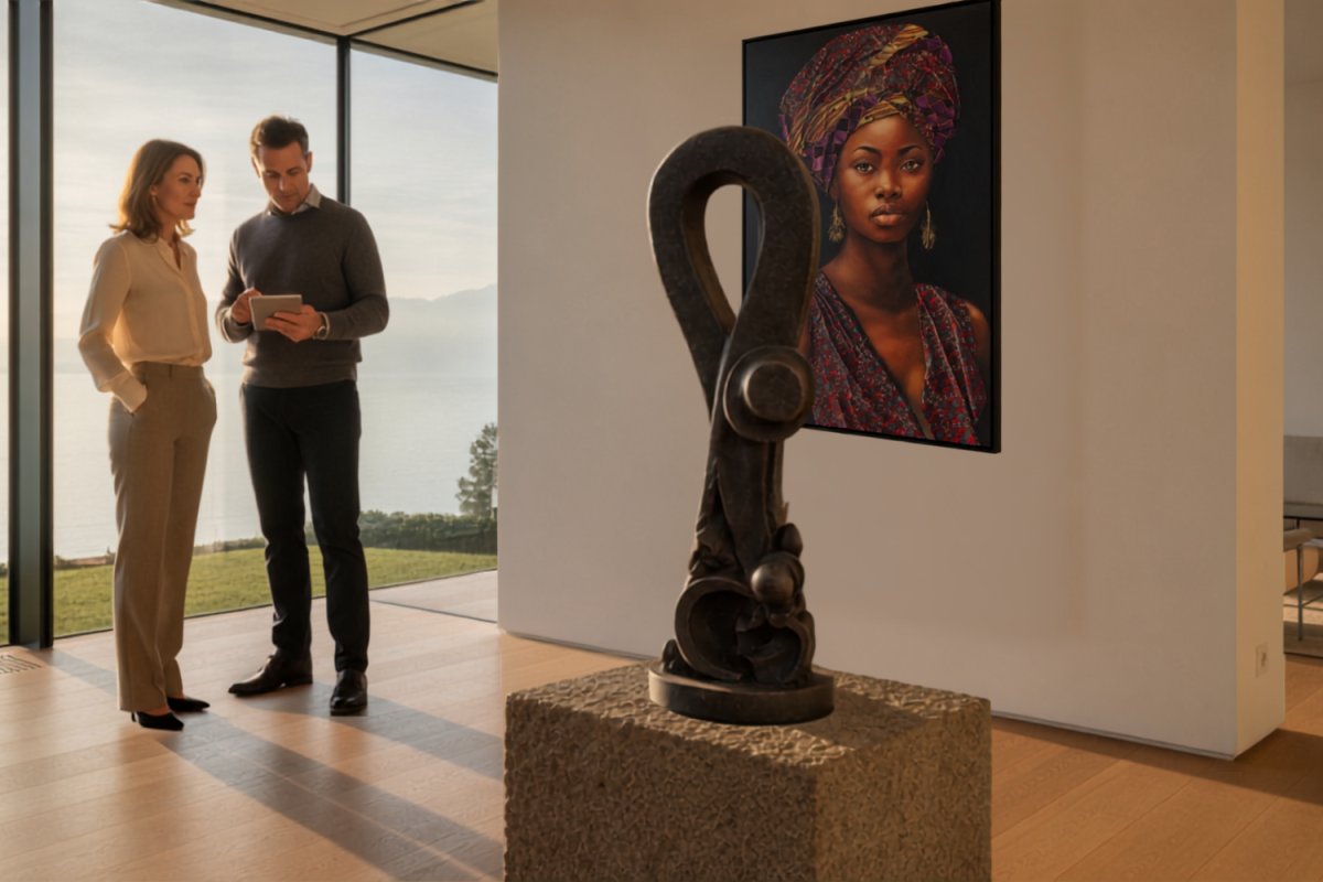 Painting Ruva (Flower) by Keith Zenda - Mixed Media - 2026 - size 120x80.  Sculpture by Sampson Kuvenguhwa - Circle of Continuance - ca. 1990 - Springstone - Height 1.25m