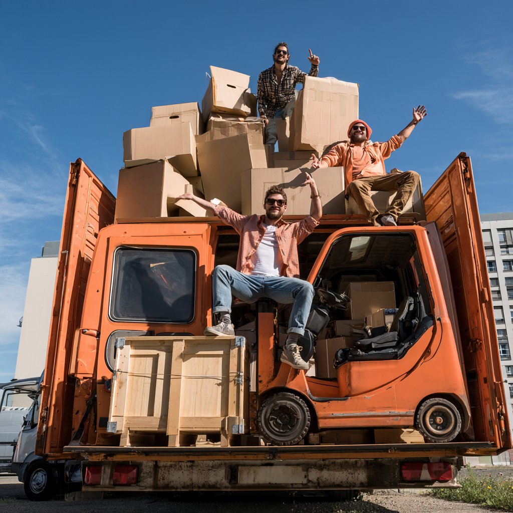 Three men posing among stacked moving boxes above an orange forklift on the back of a truck.