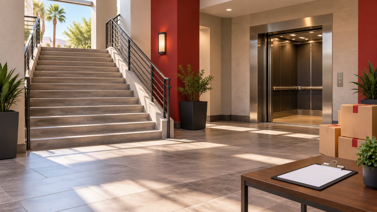 AI-generated illustration of clear apartment stairs and an open elevator, with moving boxes beside the lobby.