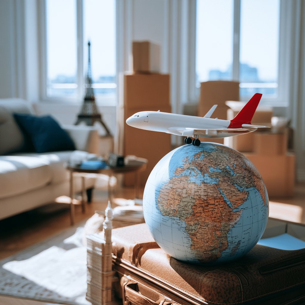 Expat couple moving boxes and furniture to a new home in Europe