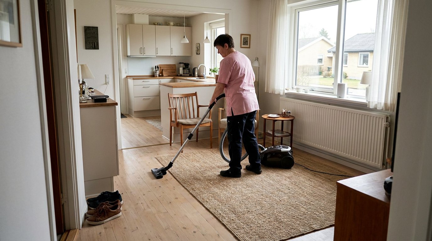 Rengøring i et hjem i Farum: en rengøringsperson støvsuger stuegulvet ved et tæppe.