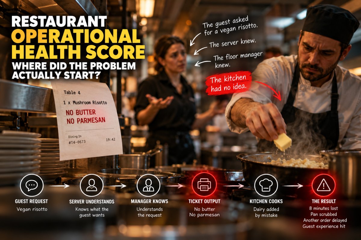 Restaurant operational health score illustration showing a vegan mushroom risotto ticket marked “no butter, no parmesan” while a chef adds dairy, revealing an information gap between floor and kitchen.