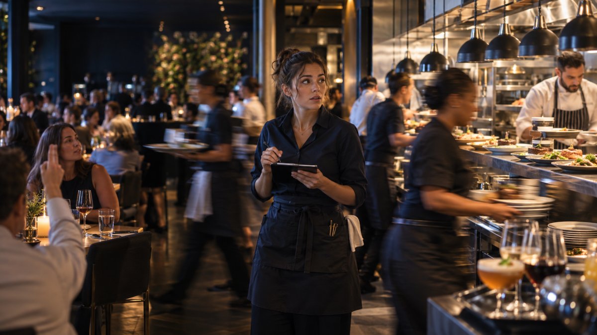 Restaurant server momentarily overwhelmed by competing demands during a busy service while colleagues move around her.
