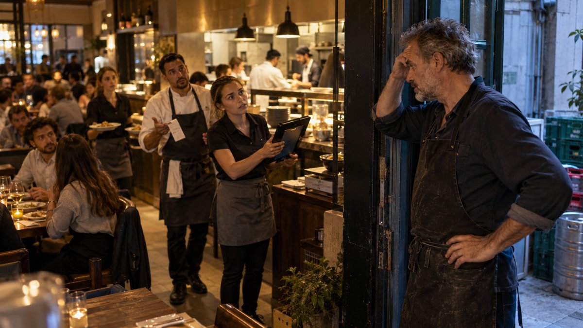 An exhausted restaurant owner standing at the doorway while staff interrupt him with order, payment and service problems during a busy shift.