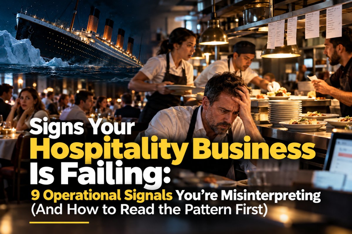 A sinking Titanic alongside a busy restaurant kitchen, where an overwhelmed manager faces mounting orders, delayed dishes and staff under pressure. A visual metaphor for nine hospitality operational warning signals.