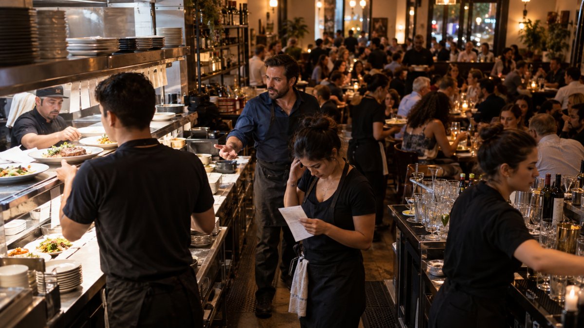 Busy restaurant staff struggling with delays and confusion during a packed evening service.