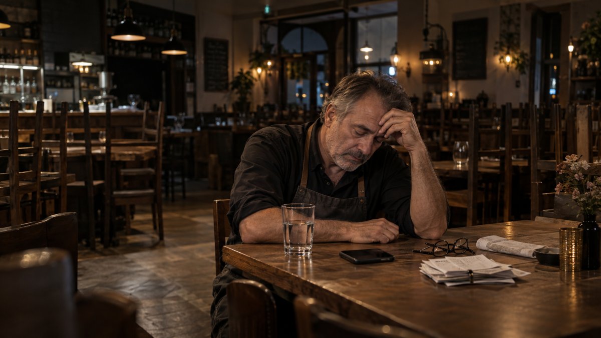 An exhausted restaurant owner sitting alone after closing, surrounded by an empty dining room, unfinished paperwork and a silent phone.