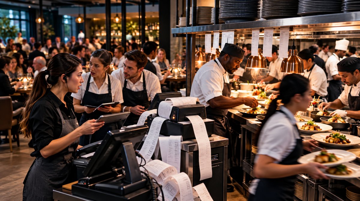 Restaurant team under peak-hour pressure as POS terminals, ticket printers, kitchen pass and service handoffs become overloaded.