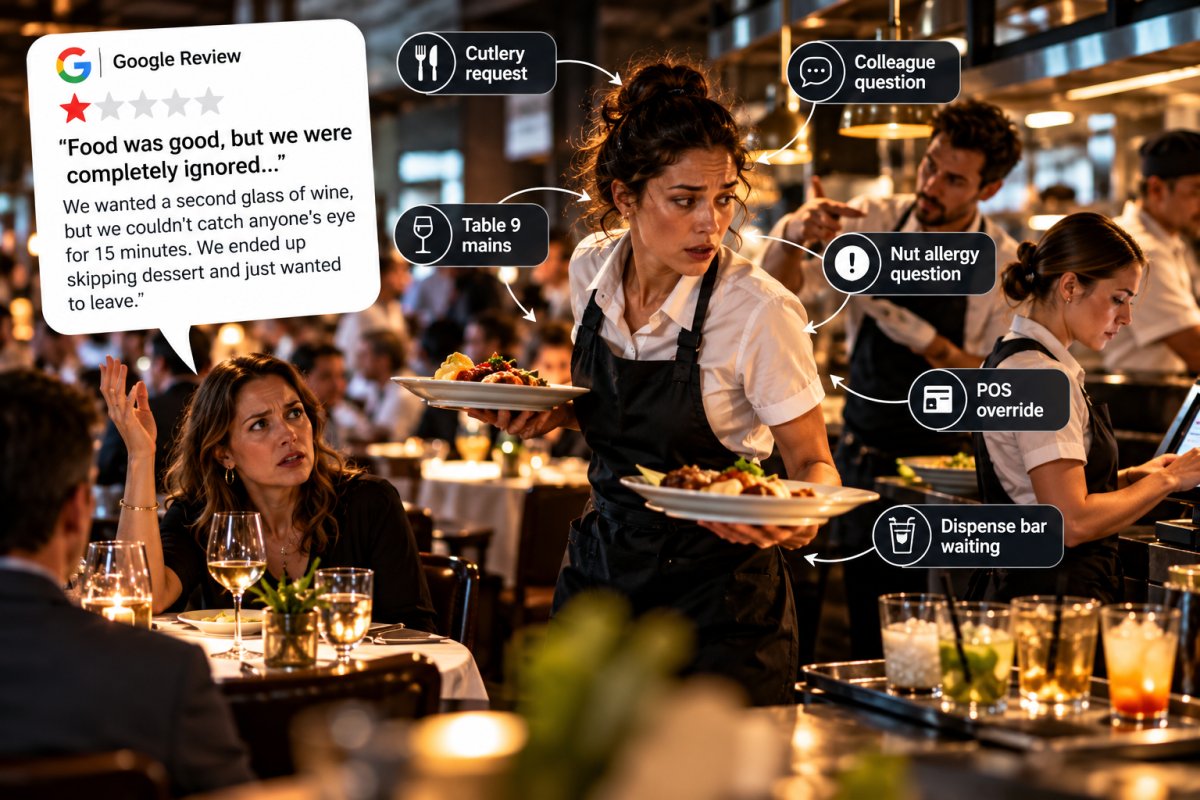 Overwhelmed restaurant server carrying plates during peak service while competing requests for cutlery, allergy information, POS approval and drinks demand her attention. A one-star Google review highlights front-of-house operational friction.