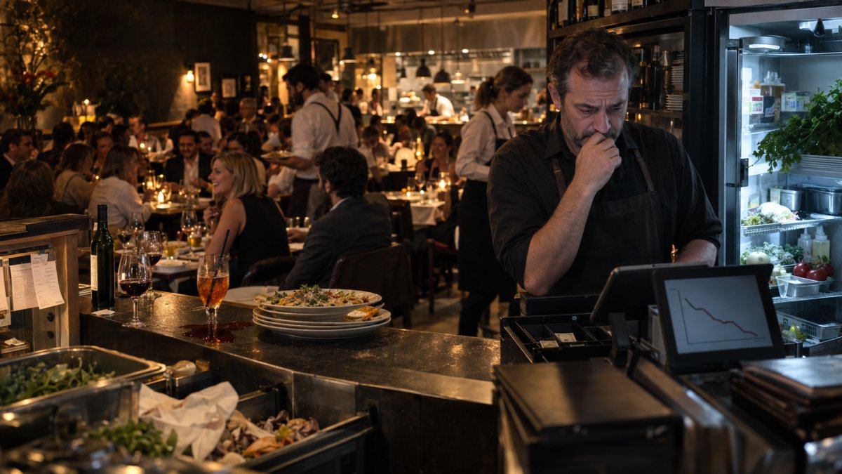 A packed restaurant during busy service while the worried owner reviews falling profits beside an empty cash drawer, revealing the hidden operational leaks draining the business.