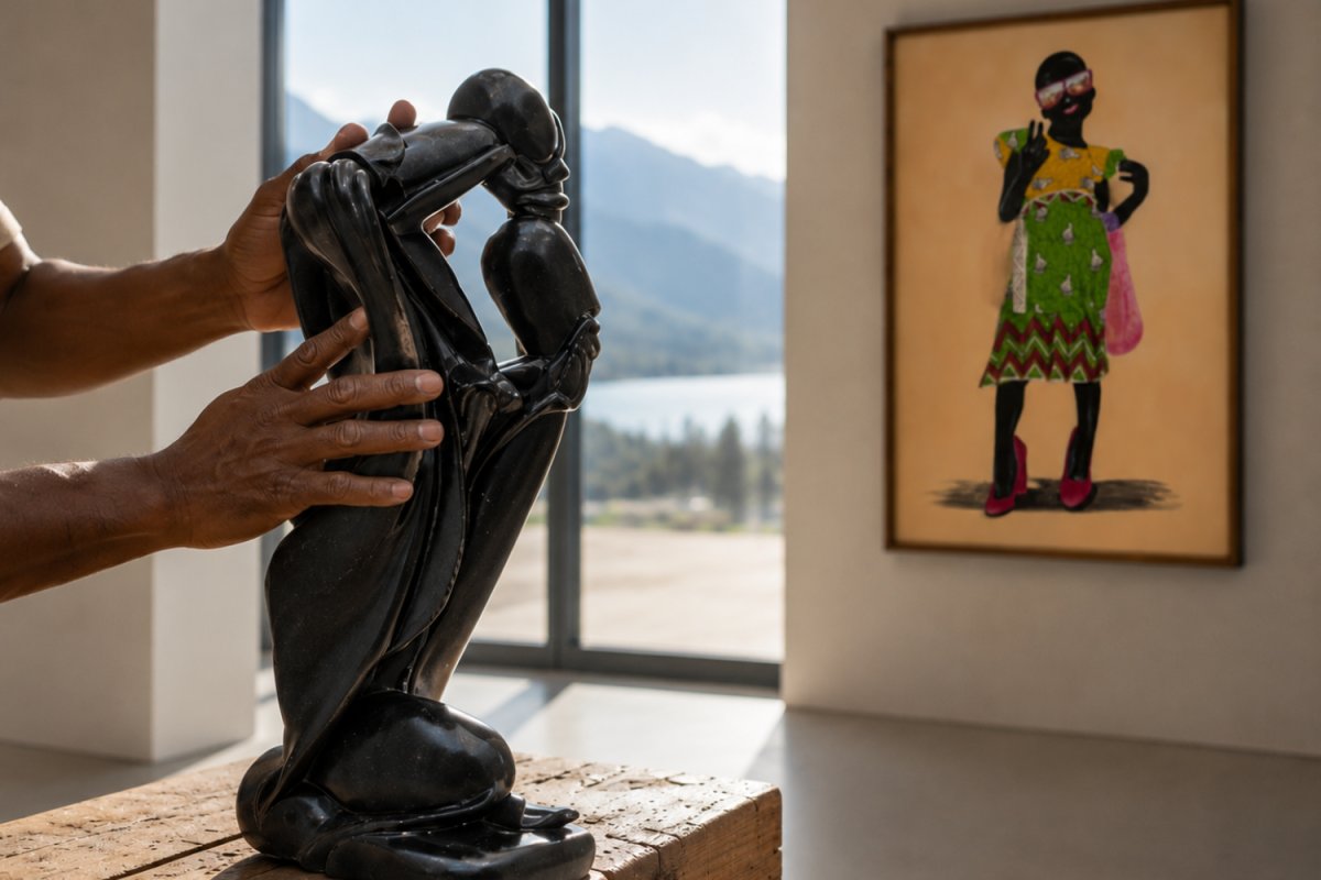 Friendship - Carved by Sampson Kuvenguhwa in 1980 and painting by Florah Maphosa called Ndiri Ini – This Is Me from 2026