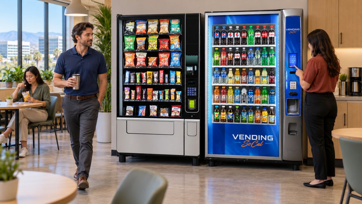 Two modern snack and beverage vending machines installed in an Irvine business breakroom as part of a no-upfront-cost vending service for qualifying locations.