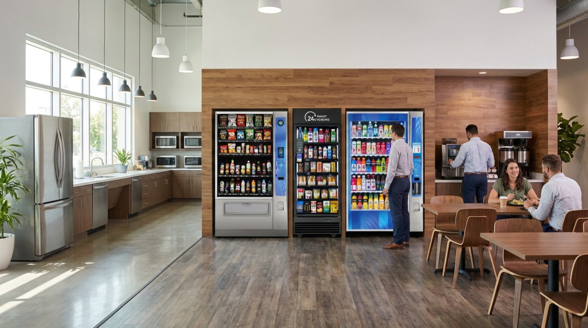 Three fully stocked snack, beverage, and fresh food vending machines in a modern corporate breakroom in Orange County, featuring a local full-service vending company near me