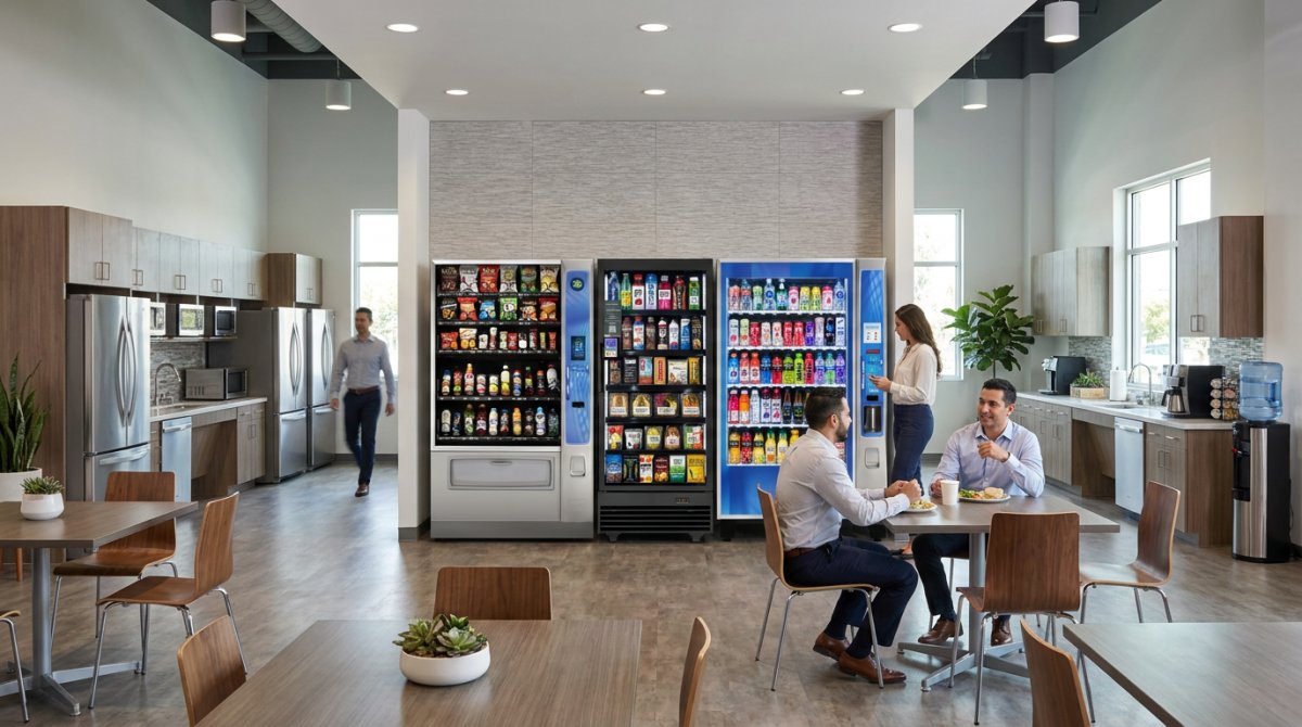 Three fully stocked snack, beverage, and fresh food vending machines in a spacious corporate employee breakroom, showcasing full-service vending solutions for Orange County businesses.