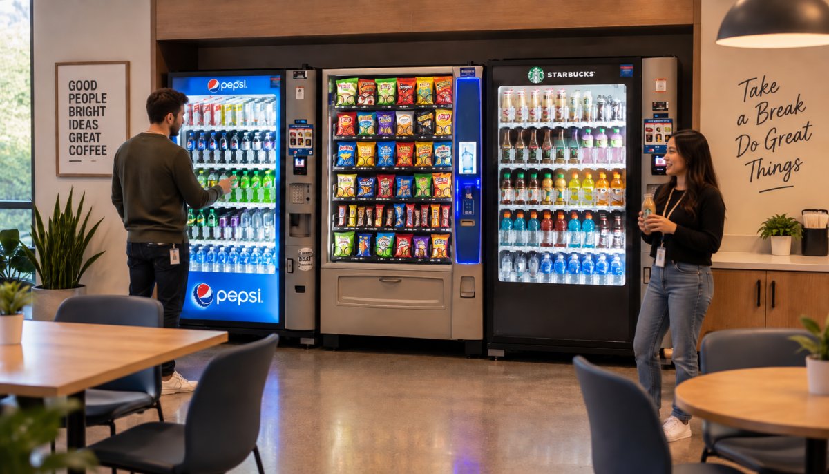 Employees using snack and beverage vending machines in a modern office break room