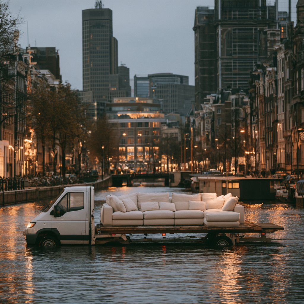 Surreal scene of a flatbed truck carrying a cream sofa through a city canal at dusk.