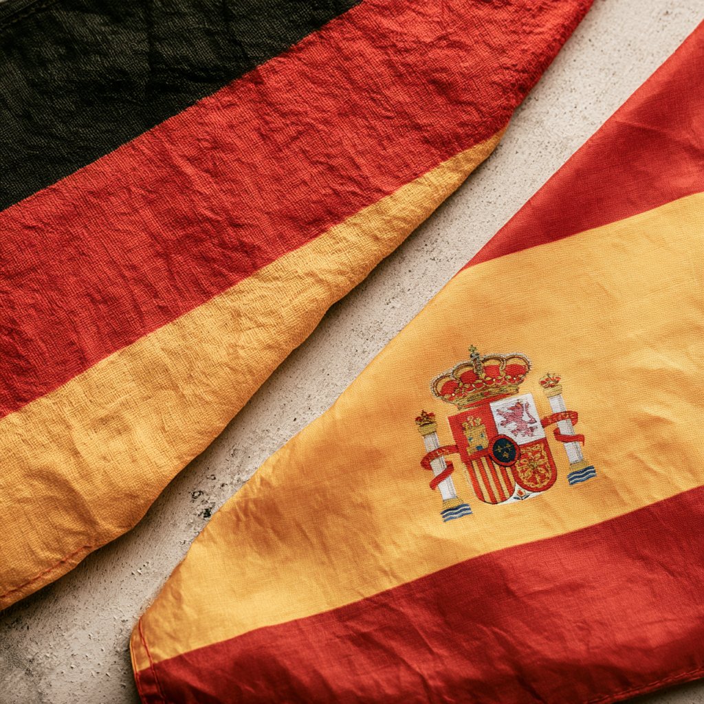 German and Spanish flags displayed side by side.