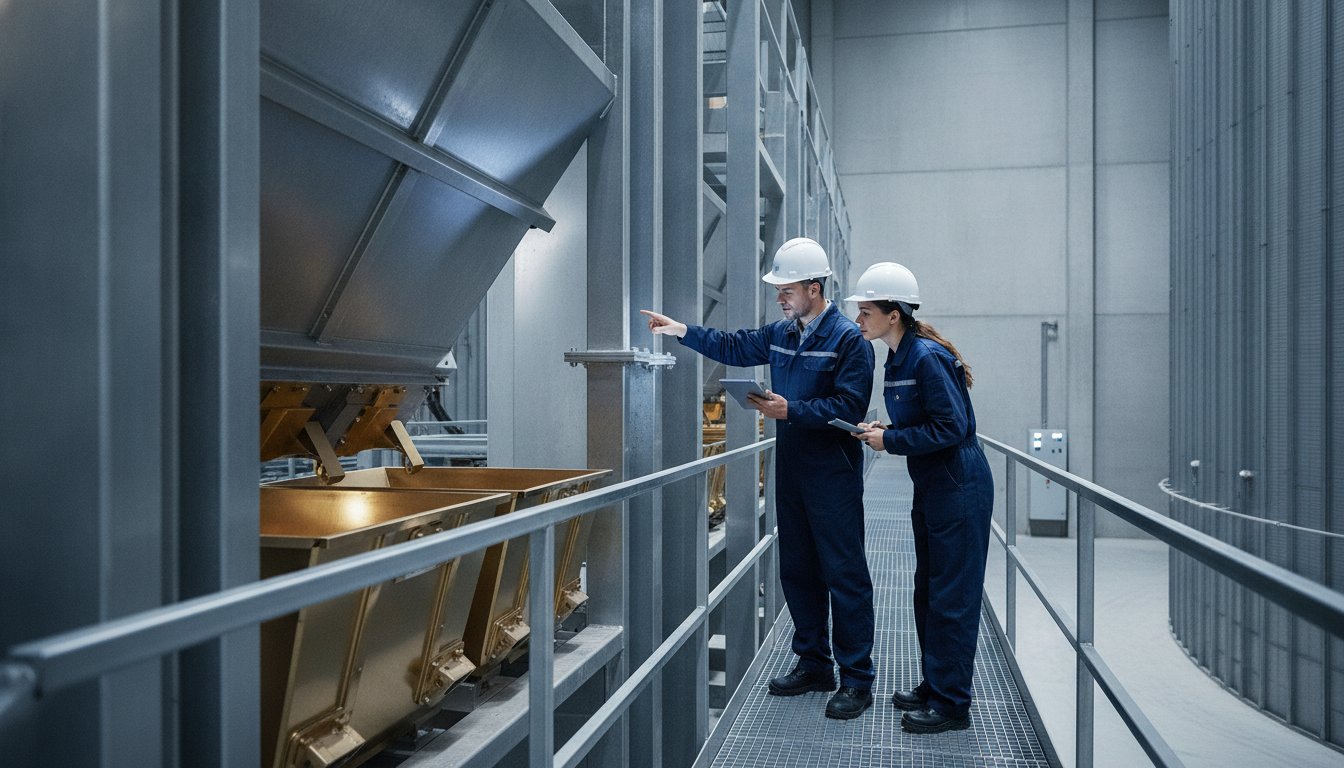 workers inspecting non-sparking parts of a grain storage facility 