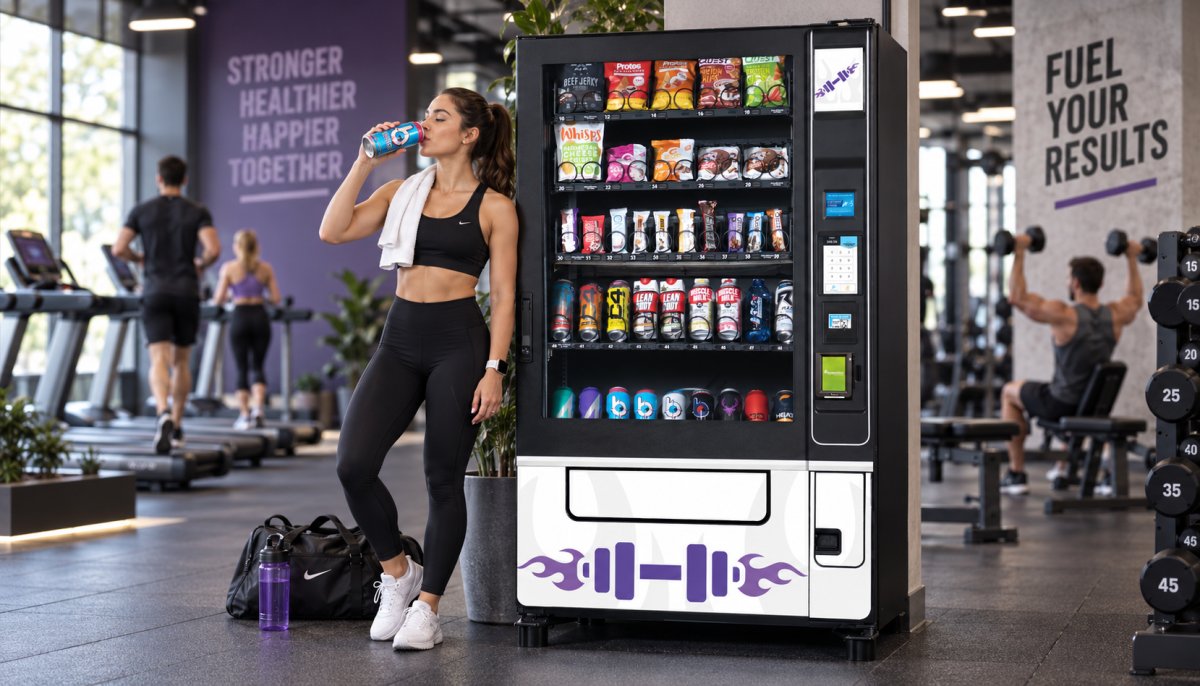 Woman drinking a beverage beside a healthy snack and drink vending machine in a modern gym
