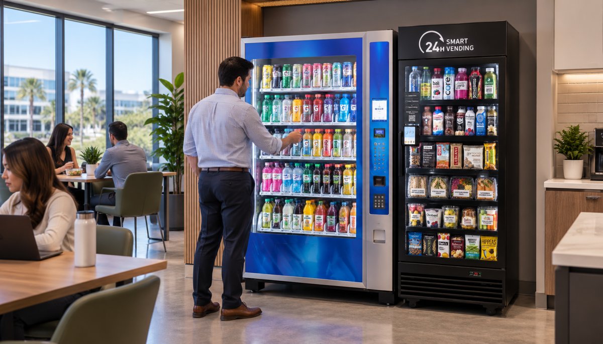 Healthy vending machines stocked with nutritious snacks, fresh meals, bottled water and better-for-you beverages in a modern Orange County office breakroom, with an employee selecting a drink.