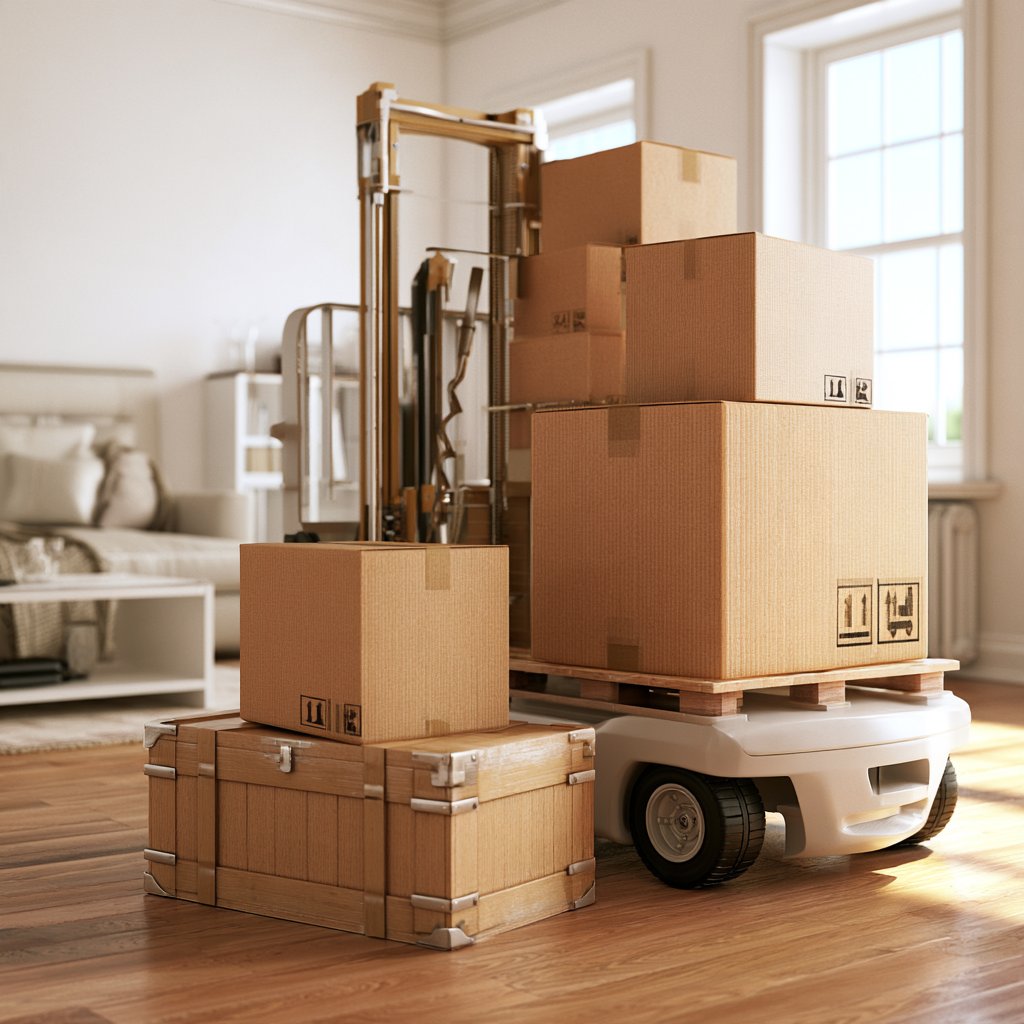 Cardboard moving boxes stacked on a compact forklift beside a wooden crate in a bright living room.