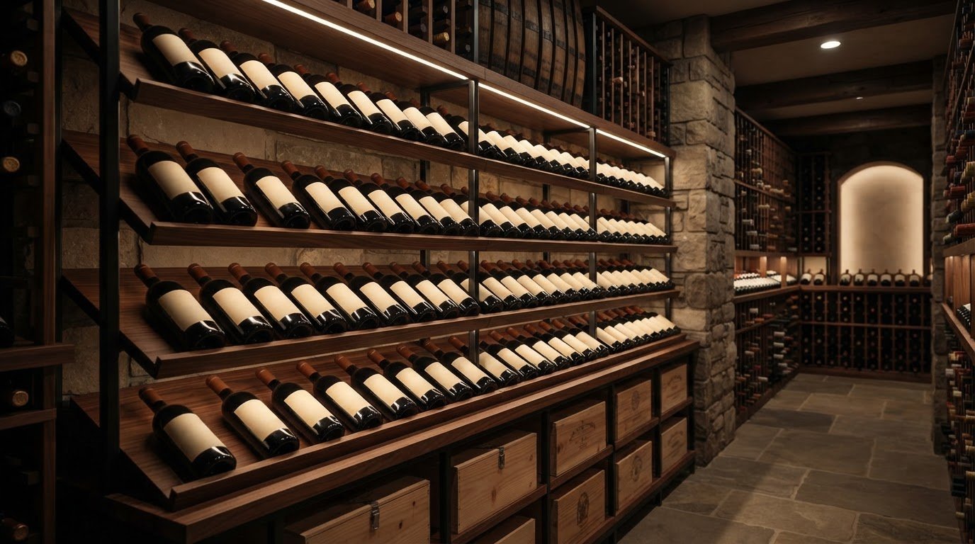 High Reveal Display Rows for Wine Bottles with Case Storage