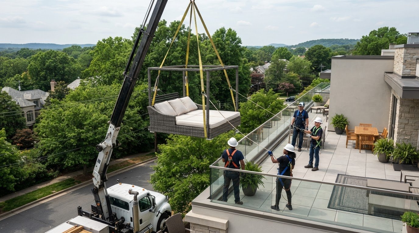 Hoist an Outdoor Patio Daybed to a McLean Rooftop Deck Safely