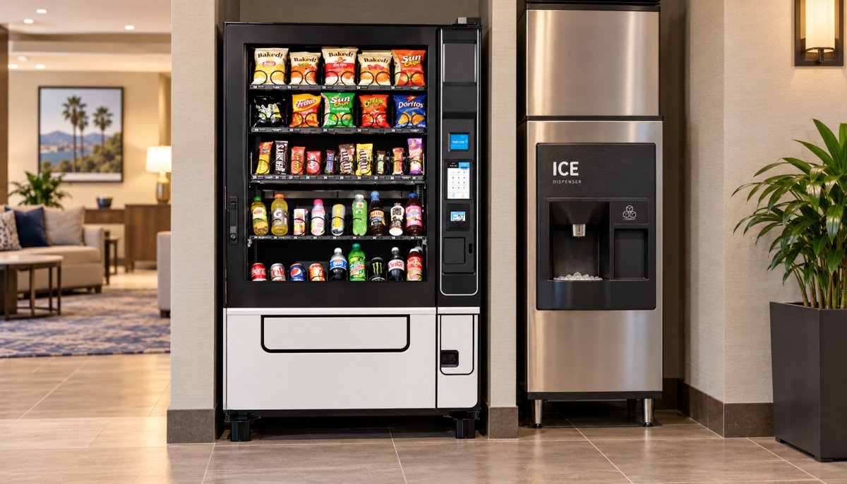 Hotel vending service in Anaheim with a modern snack and drink vending machine next to a hotel ice maker.