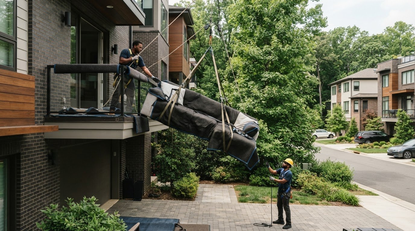 How to Hoist an Oversized Sectional Over a Balcony Without a Crane in McLean