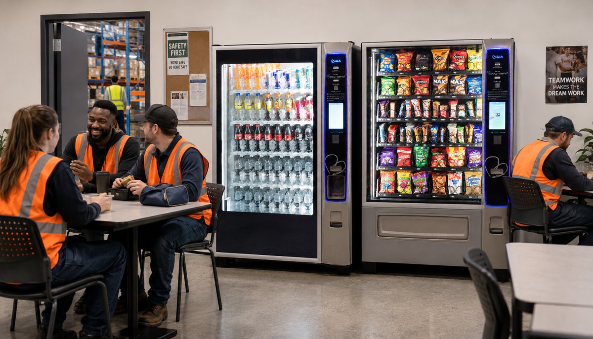 Snack and drink vending machines in an industrial break room