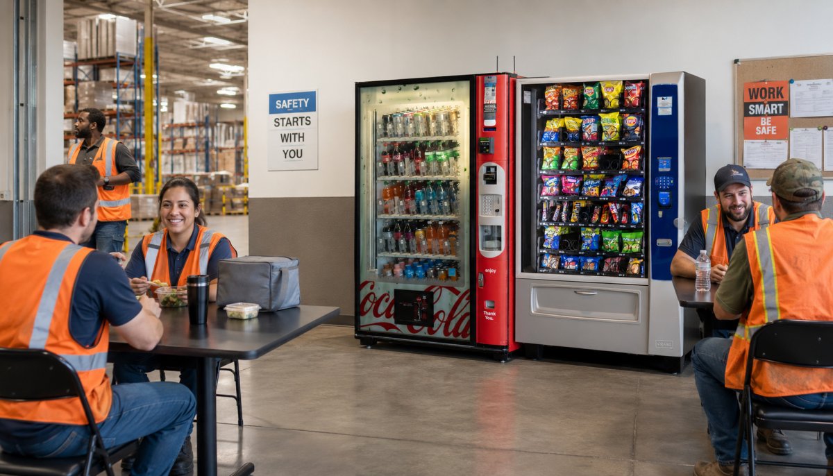 Warehouse employees lunch room with vending machines