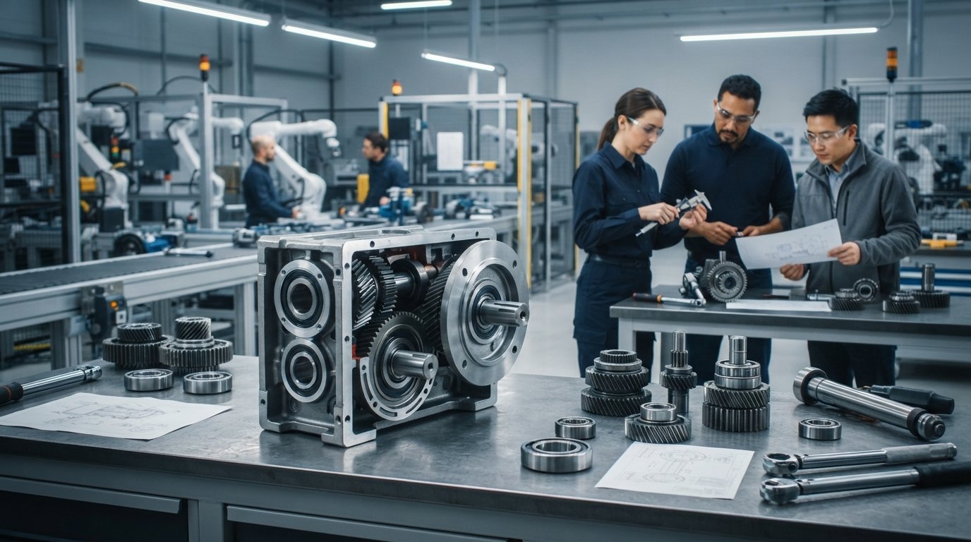 Three technicians review a drawing beside an open helical speed reducer, loose gears and bearings on a steel workbench